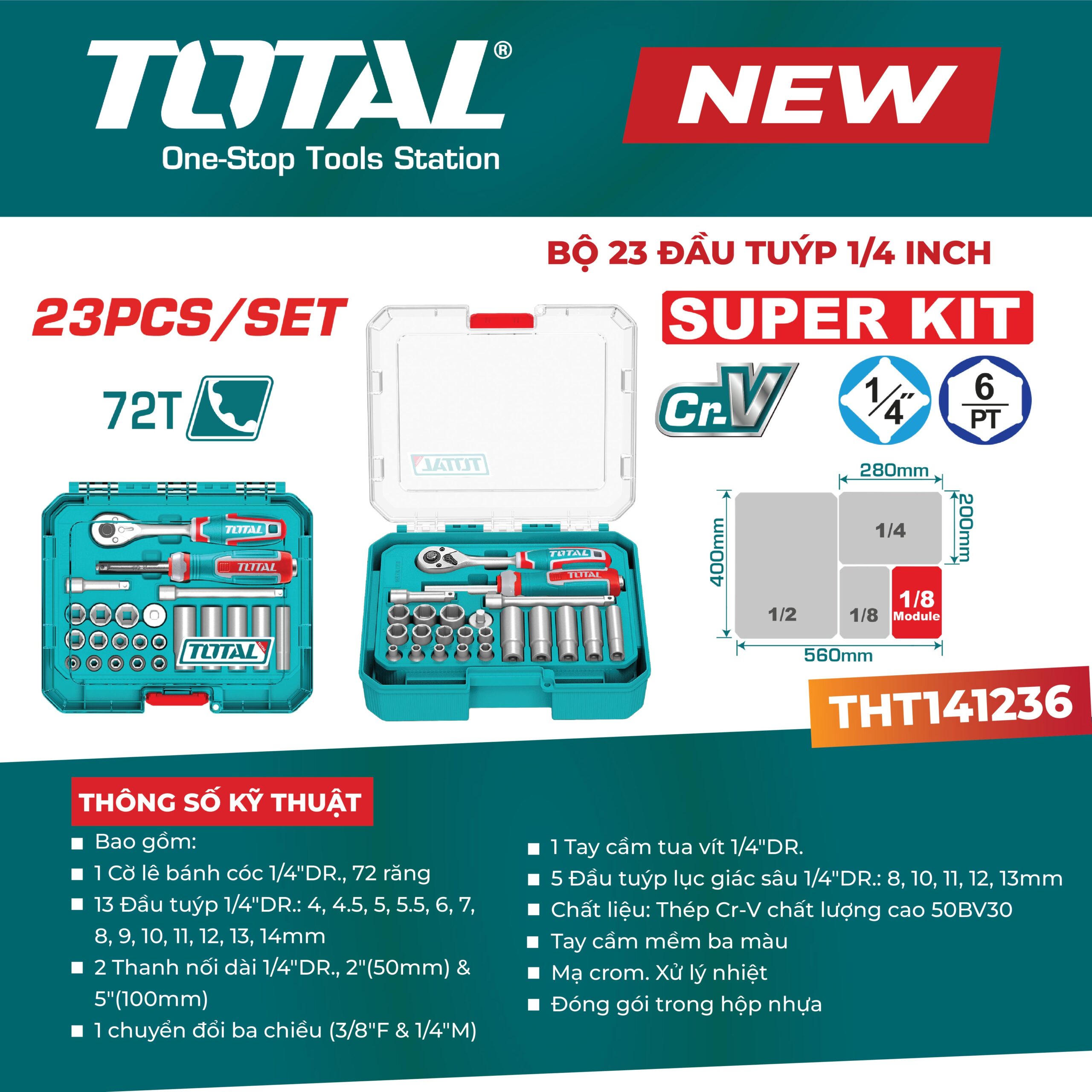 Bộ 23 đầu tuýp 1/4″ TOTAL THT141236