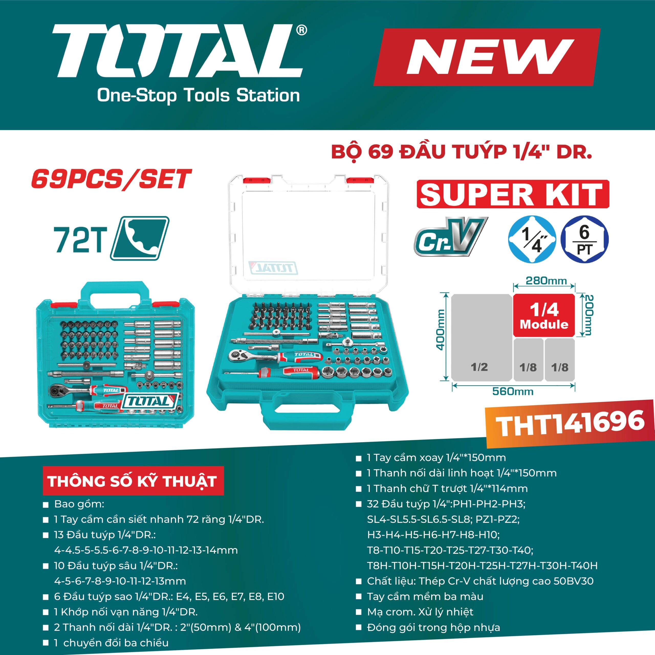 Bộ 69 đầu tuýp 1/4″ TOTAL THT141696