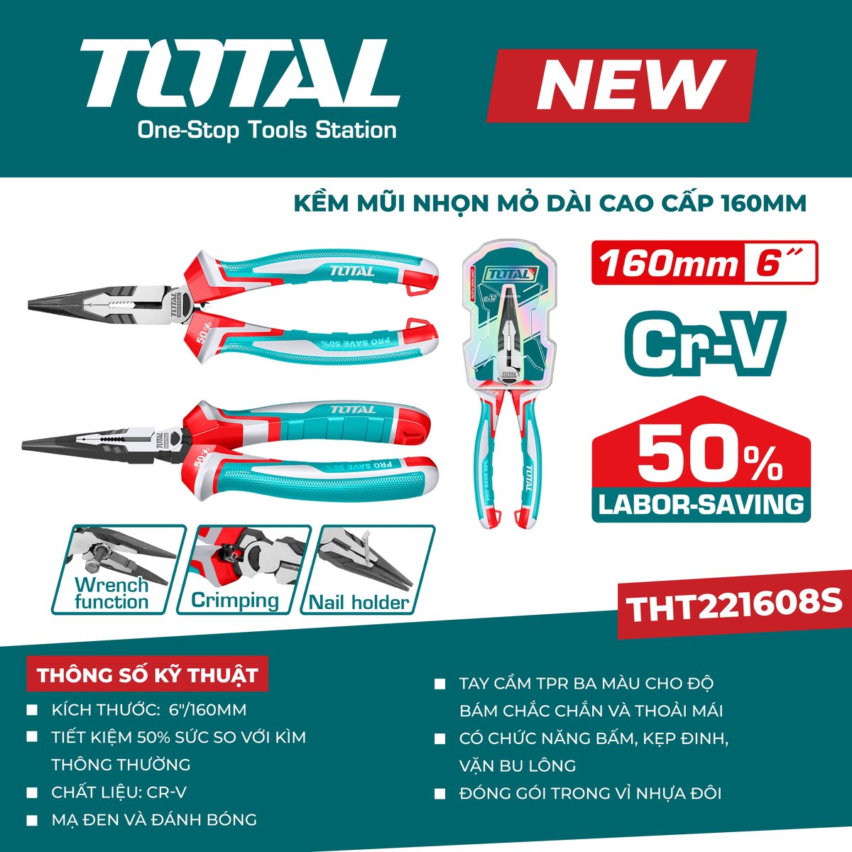 Kềm mũi nhọn mỏ dài cao cấp 160mm THT221608S