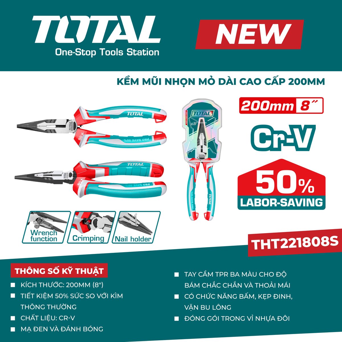 Kềm mũi nhọn mỏ dài cao cấp 200mm THT221808S
