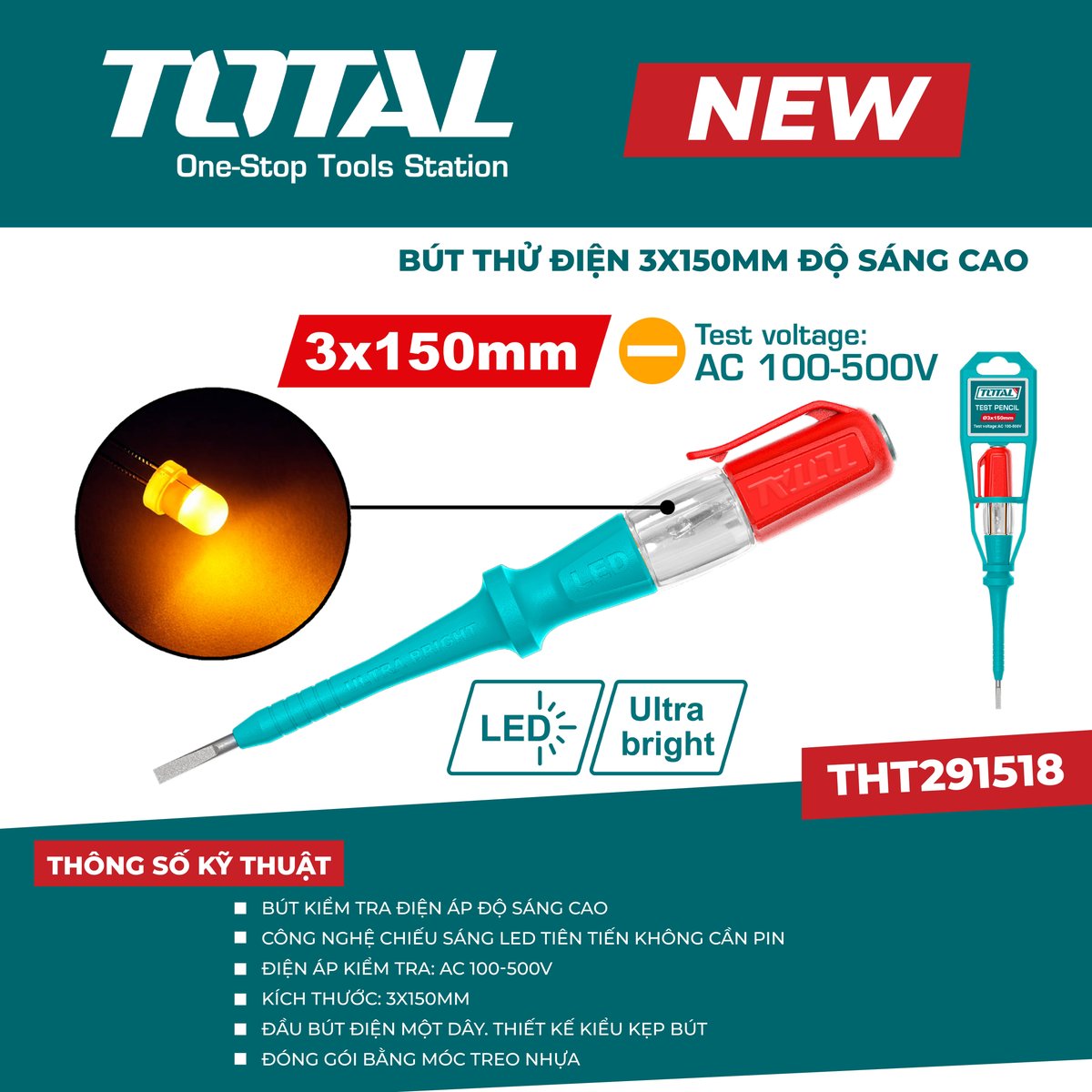 Bút thử điện 3x150mm độ sáng cao THT291518