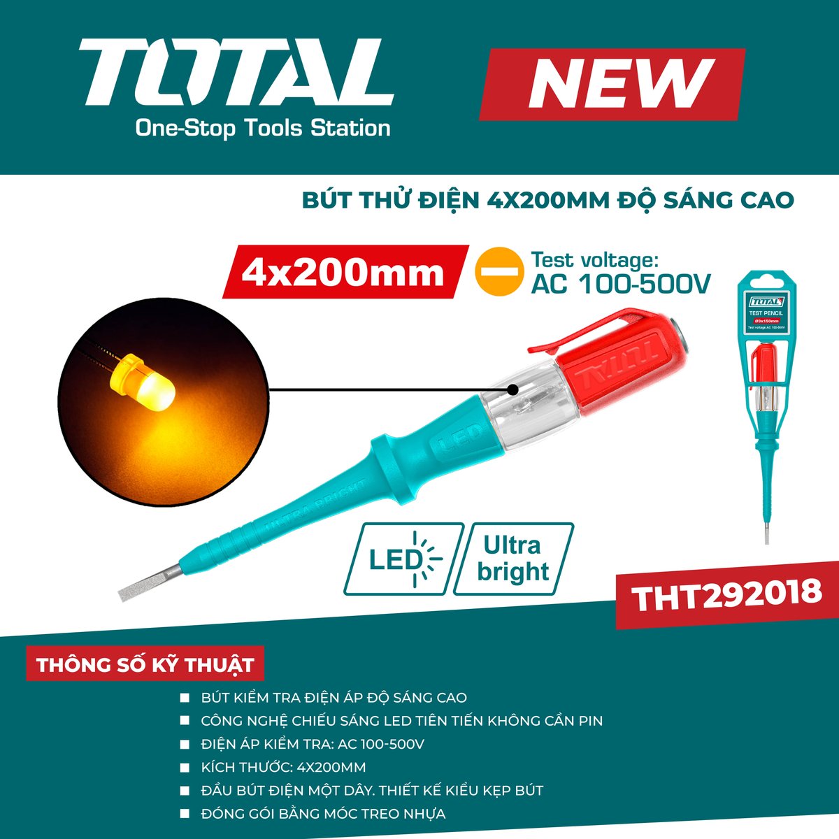 Bút thử điện 4x200mm độ sáng cao THT292018