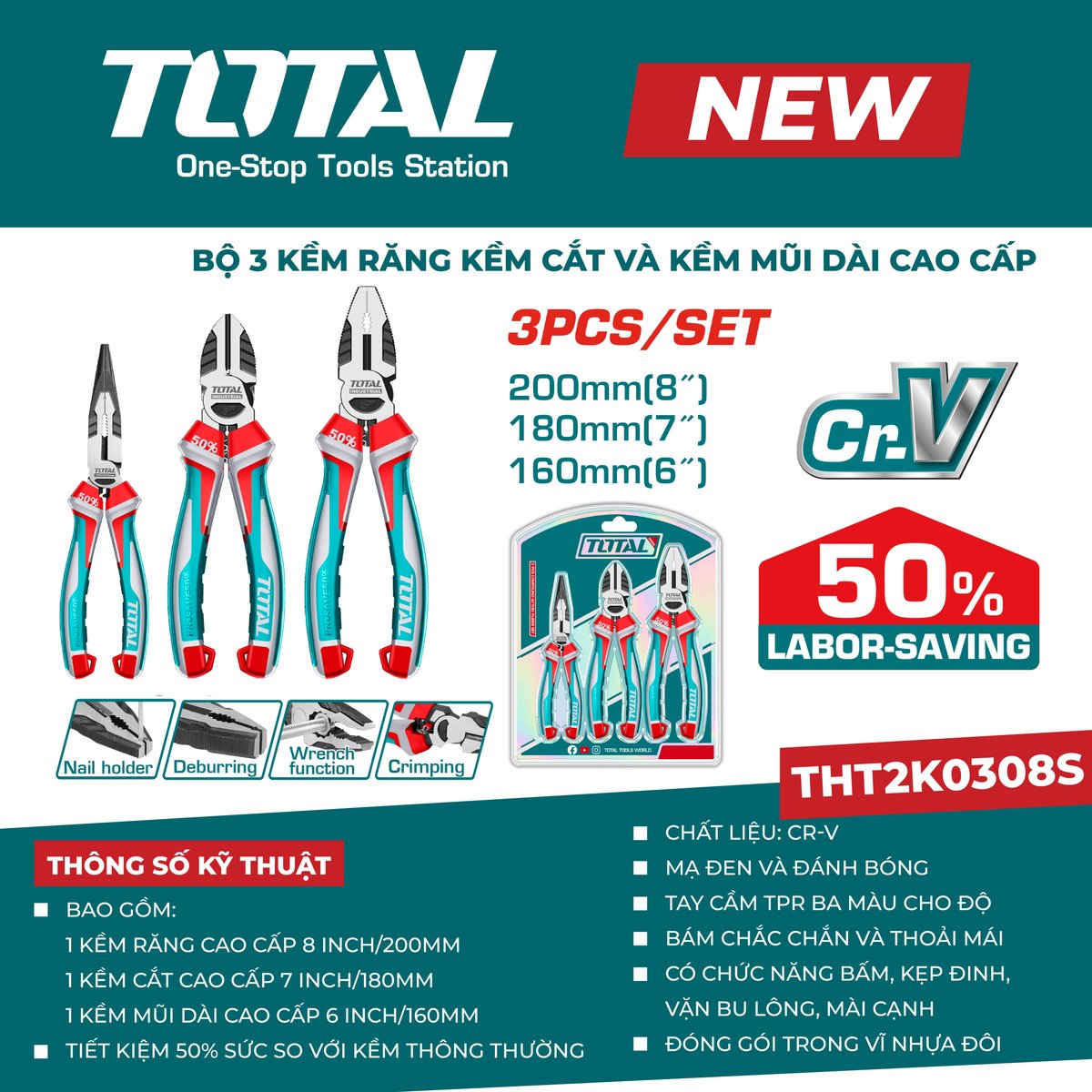 Bộ 3 kềm răng, kềm cắt và kềm mũi dài cao cấp THT2K0308S