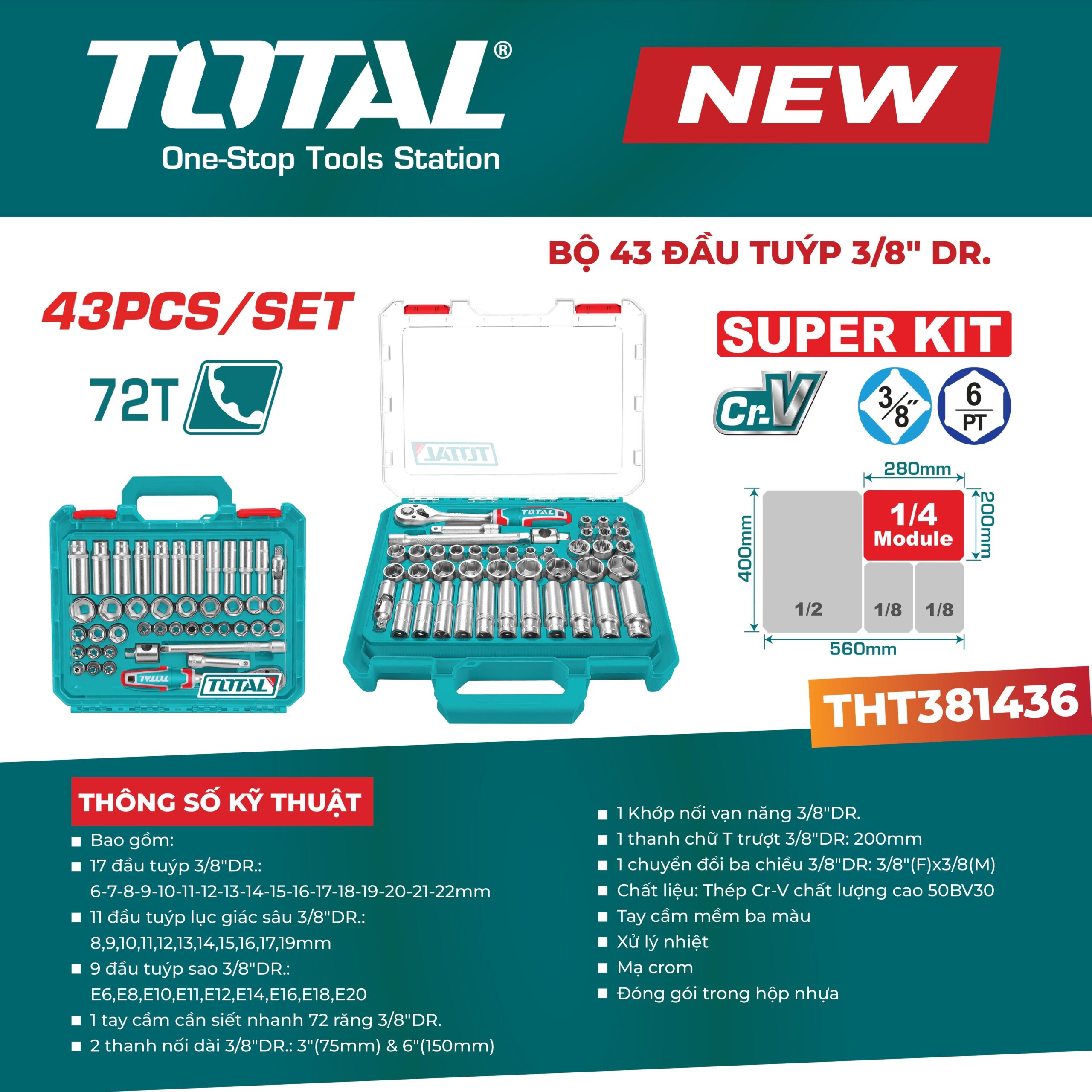 Bộ 43 đầu tuýp 3/8″ TOTAL THT381436