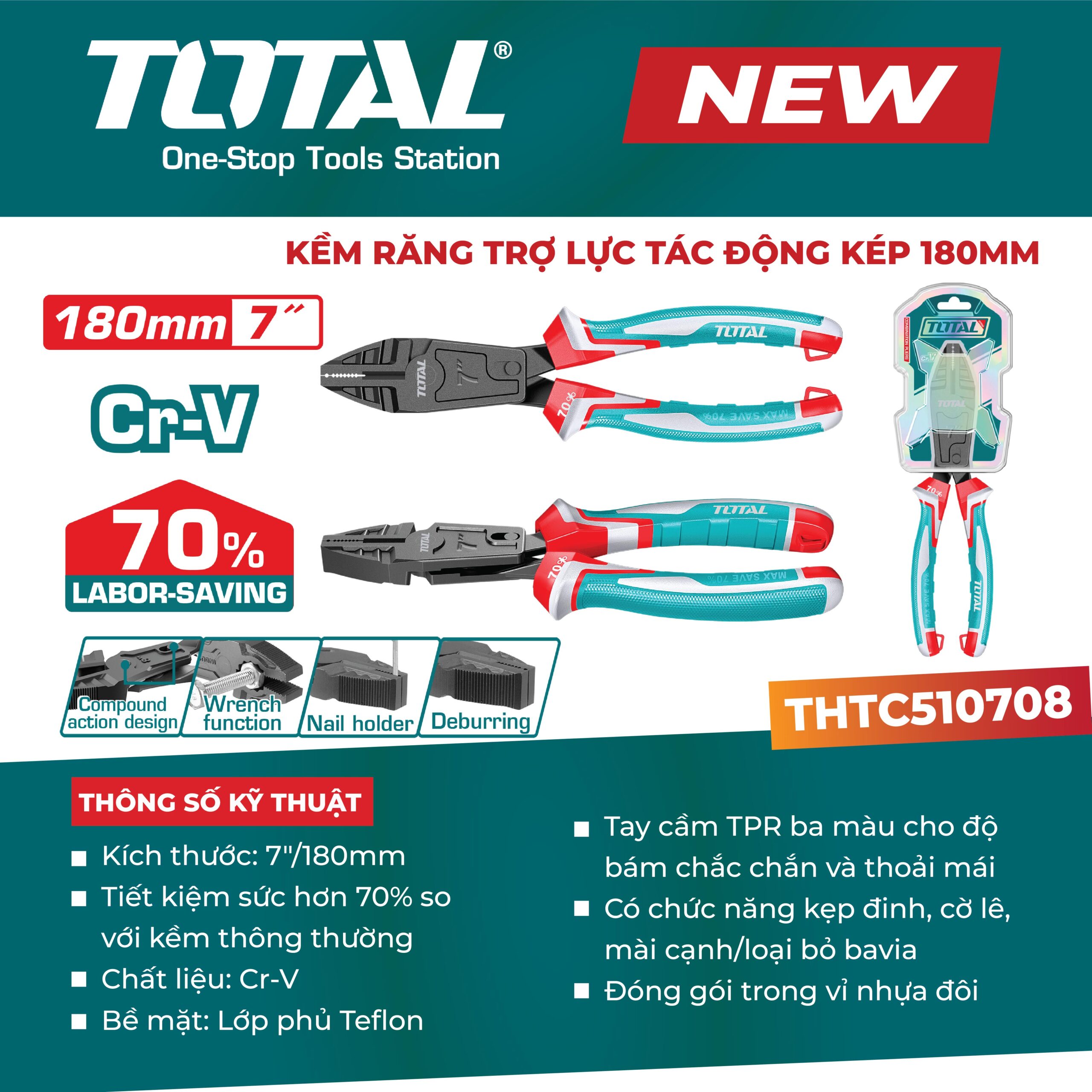Kềm răng trợ lực tác động kép 180mm THTC510708