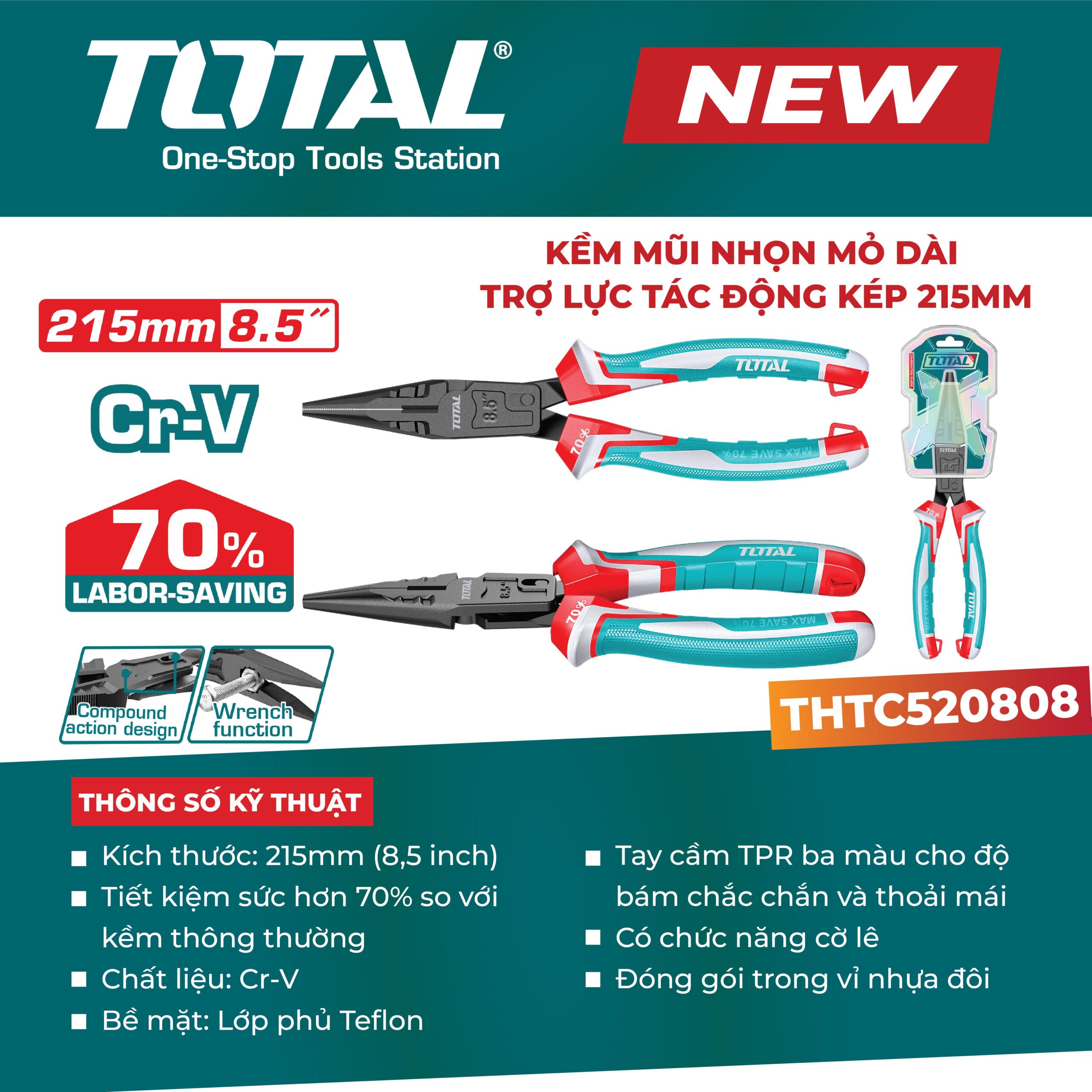 Kềm mũi nhọn trợ lực tác động kép 215mm THTC520808