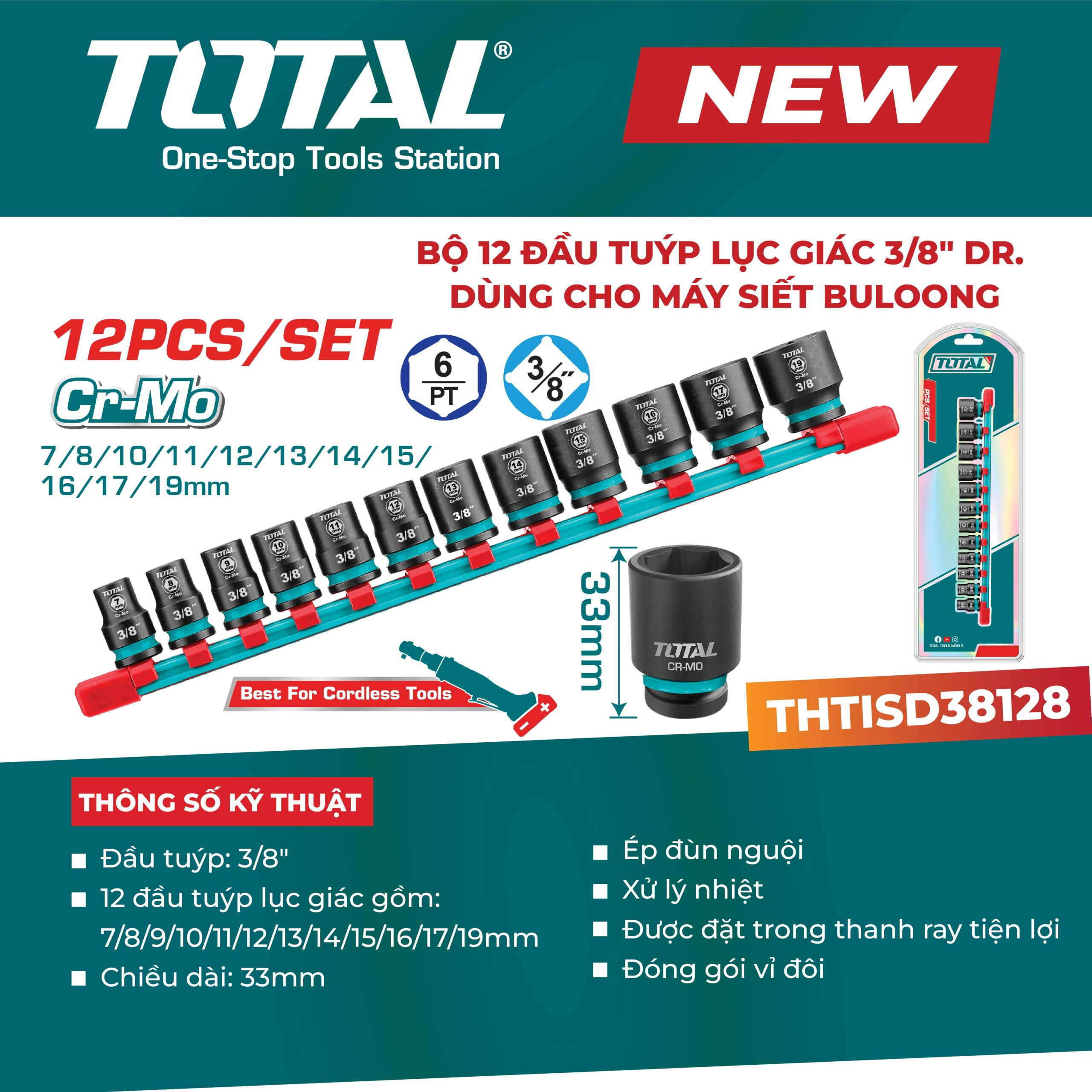 Bộ 12 đầu tuýp lục giác 3/8″ dùng cho máy siết bu lông THTISD38128