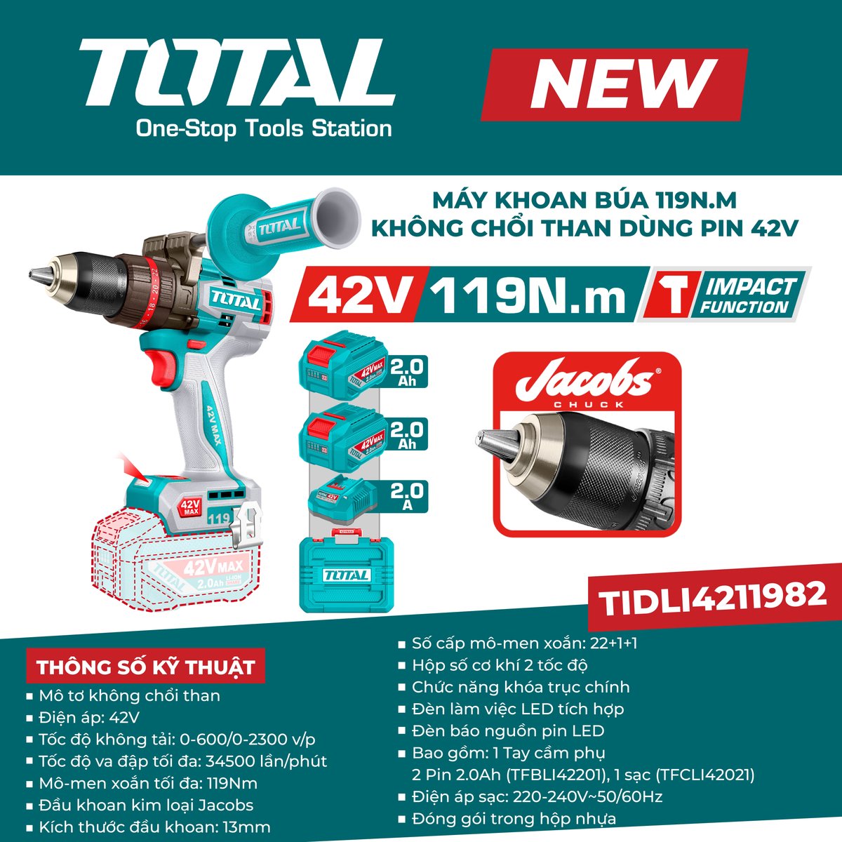Máy khoan búa 119N.m không chổi than dùng pin 42V TIDLI4211982