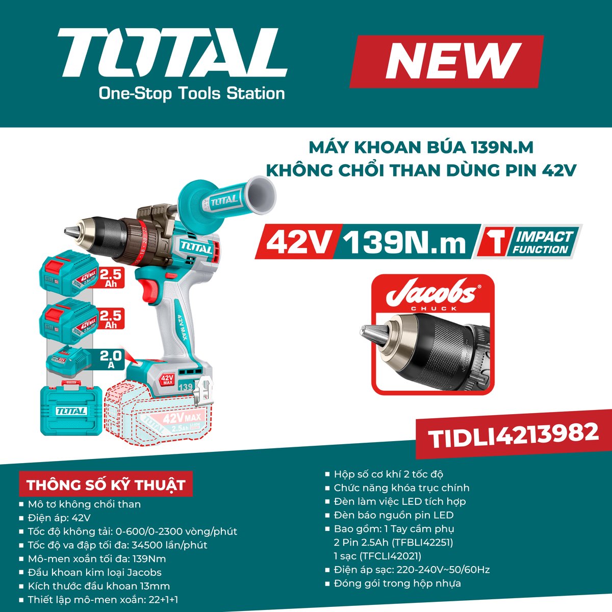 Máy khoan búa 139N.m không chổi than dùng pin 42V TIDLI4213982