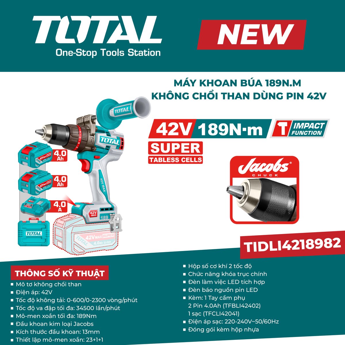 Máy khoan búa 189N.m không chổi than dùng pin 42V TIDLI4218982