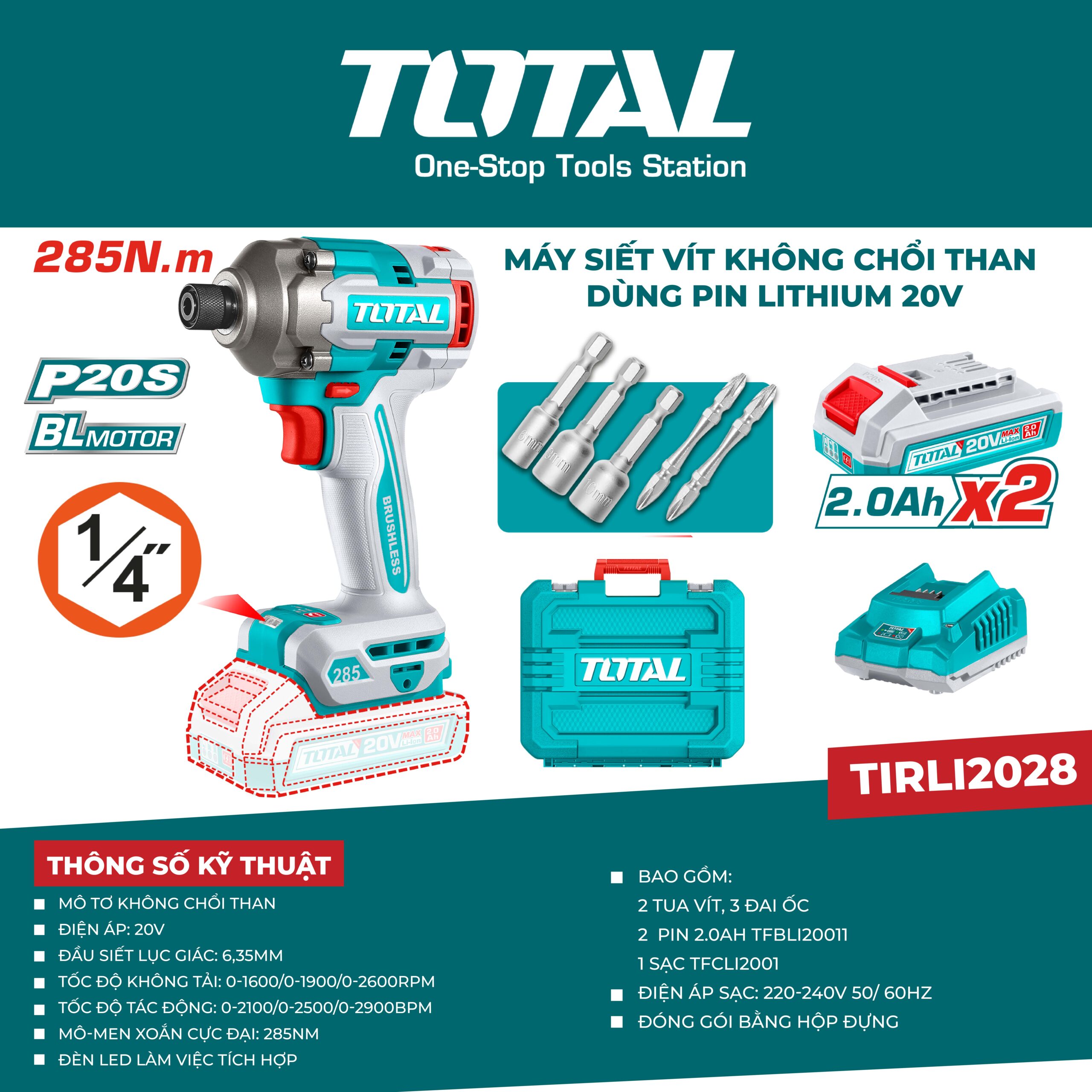 Máy siết vít không chổi than dùng pin Lithium-ion 20V TOTAL TIRLI2028