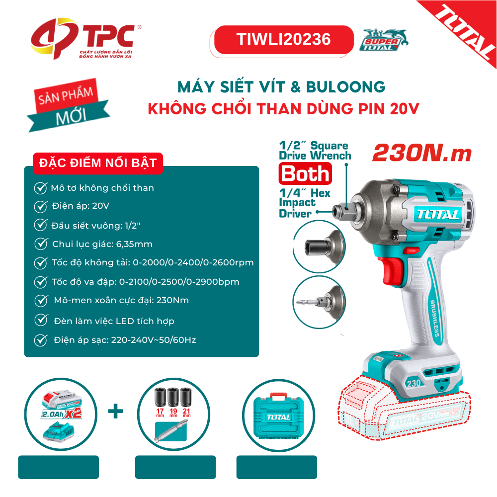 Máy siết vít & bulong không chổi than dùng pin 20V TIWLI20236