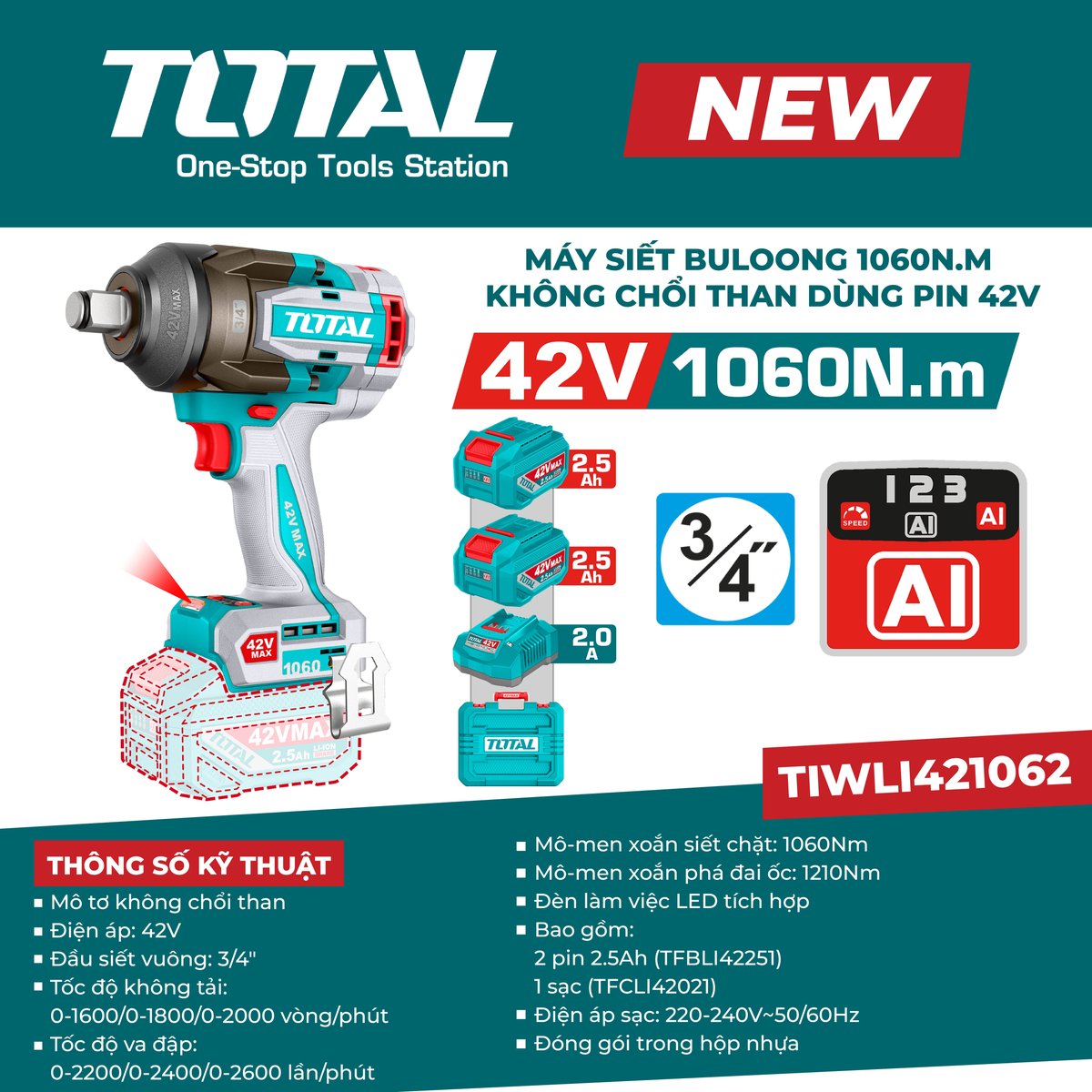 Máy siết buloong 1060N.m không chổi than dùng pin 42V TIWLI421062