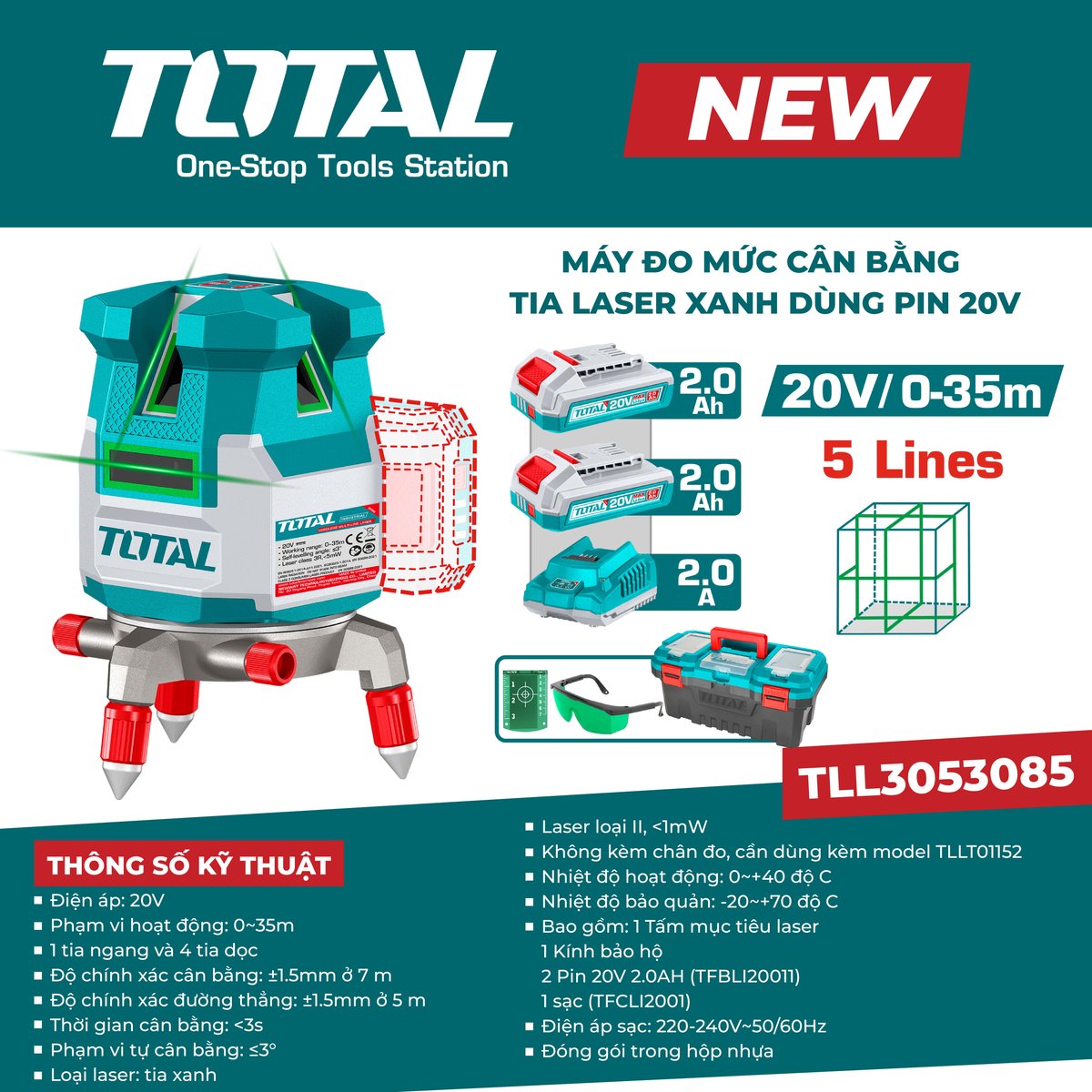 Máy đo mức cân bằng tia laser xanh dùng pin 20V TLL3053085