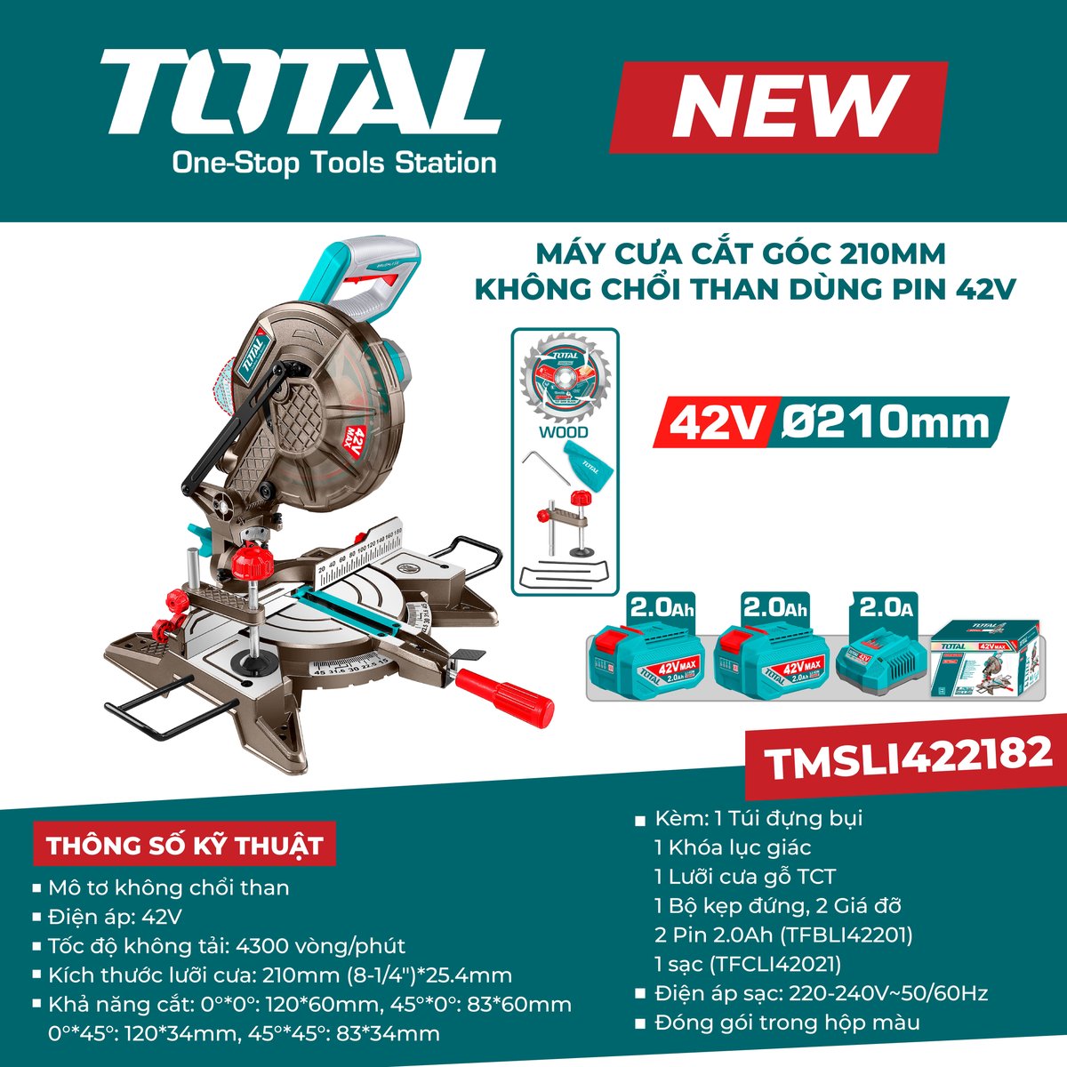 Máy cưa cắt góc 210mm không chổi than dùng pin 42V TMSLI422182