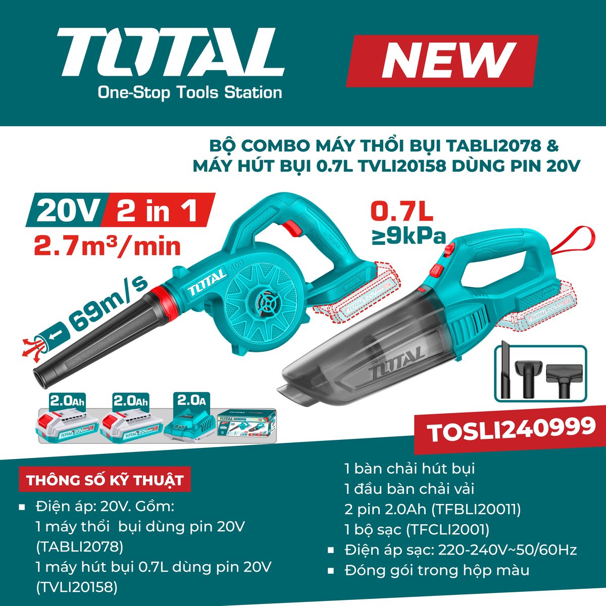 Bộ combo máy thổi bụi TABLI2078 & máy hút bụi 0.7L TVLI20158 dùng pin 20V TOSLI240999