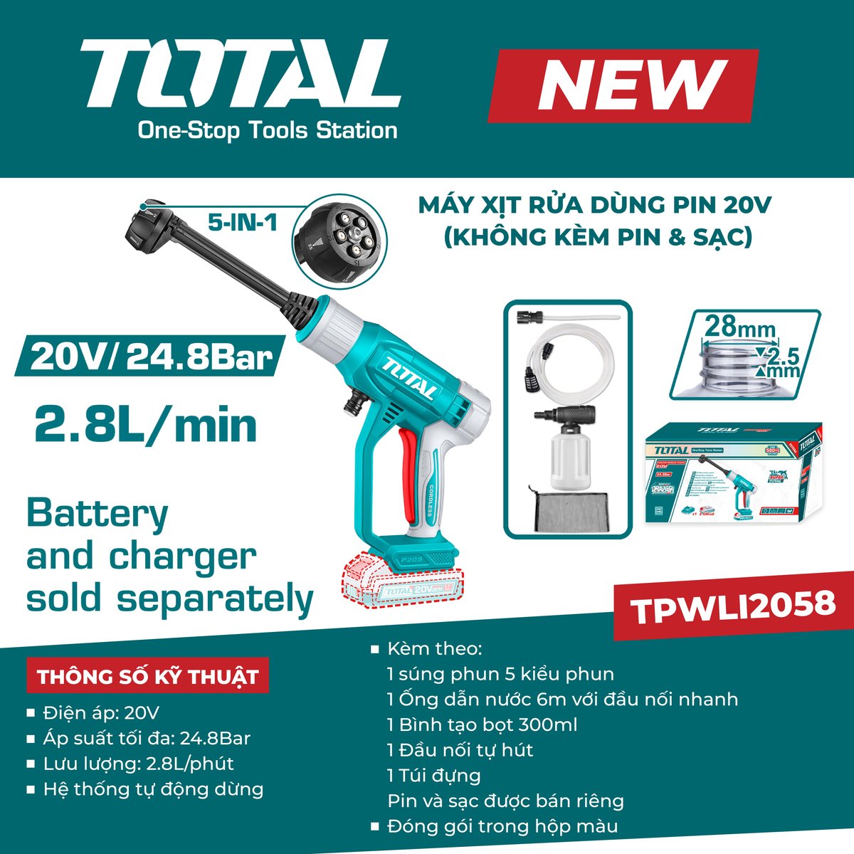 Máy xịt rửa dùng pin 20V (không kèm pin & sạc) TPWLI2058