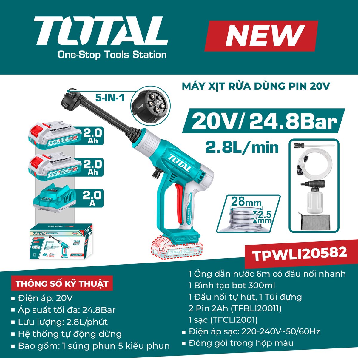 Máy xịt rửa dùng pin 20V TPWLI20582