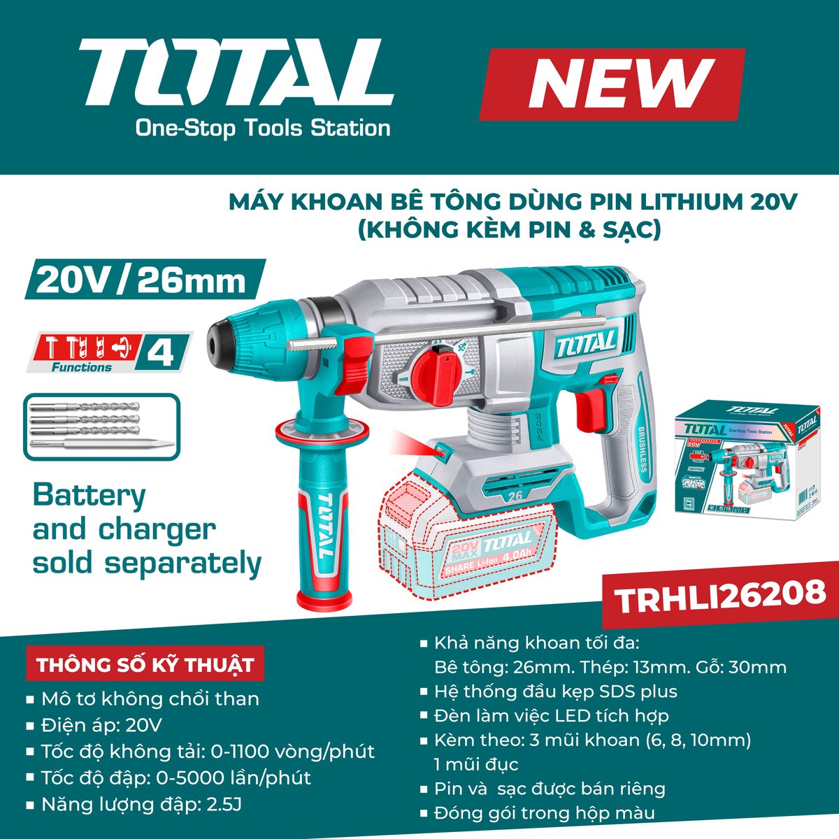 Máy khoan bê tông dùng pin Lithium 20V (không kèm pin & sạc) TRHLI26208