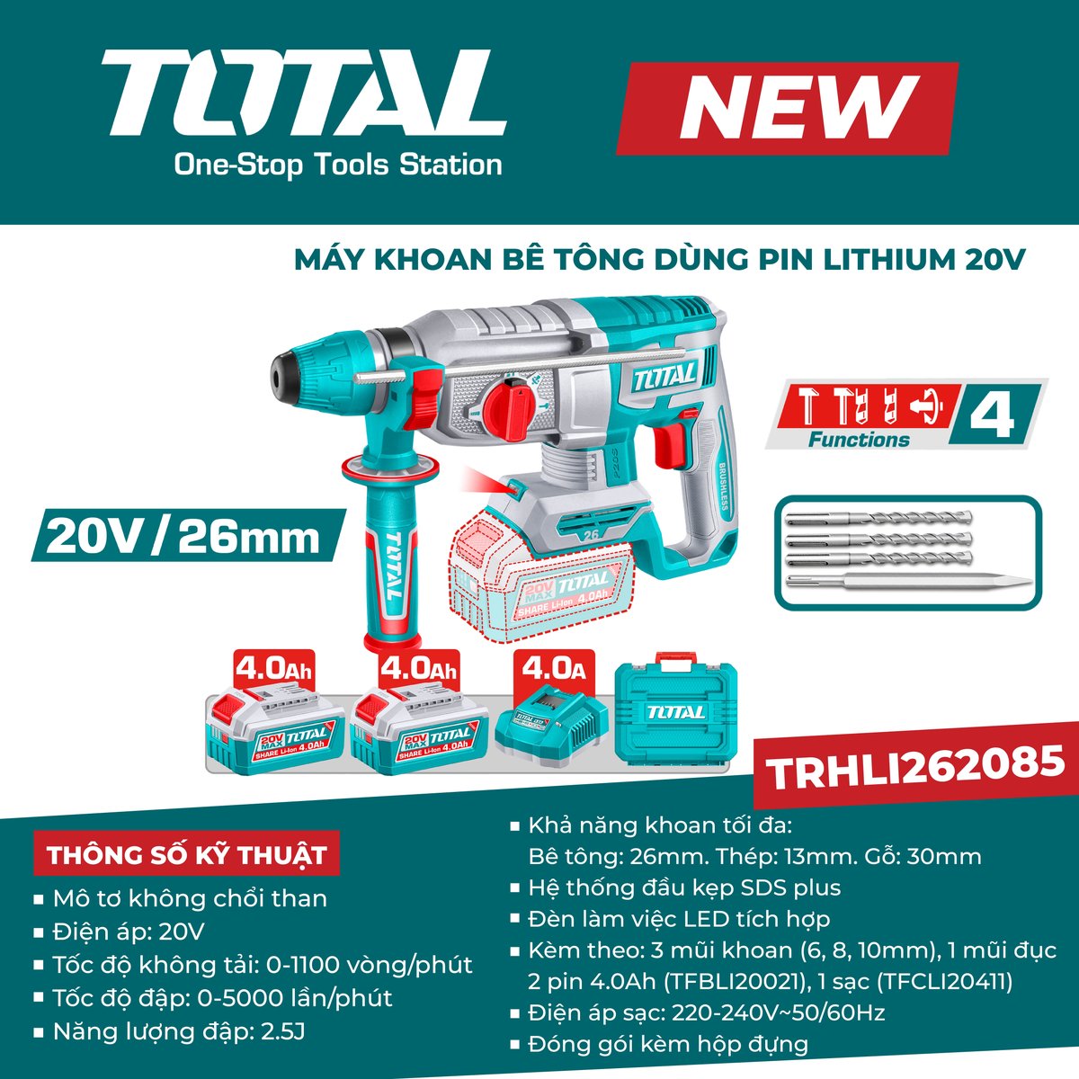 Máy khoan bê tông dùng pin Lithium 20V TRHLI262085