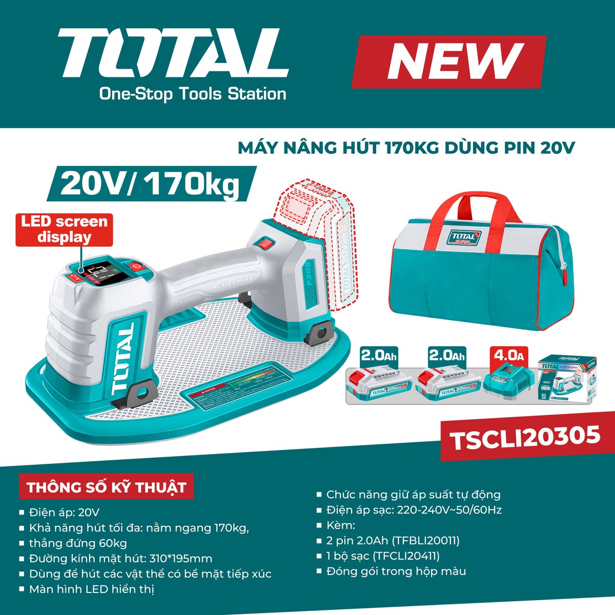 Máy nâng hút 170kg dùng pin 20V TSCLI20305
