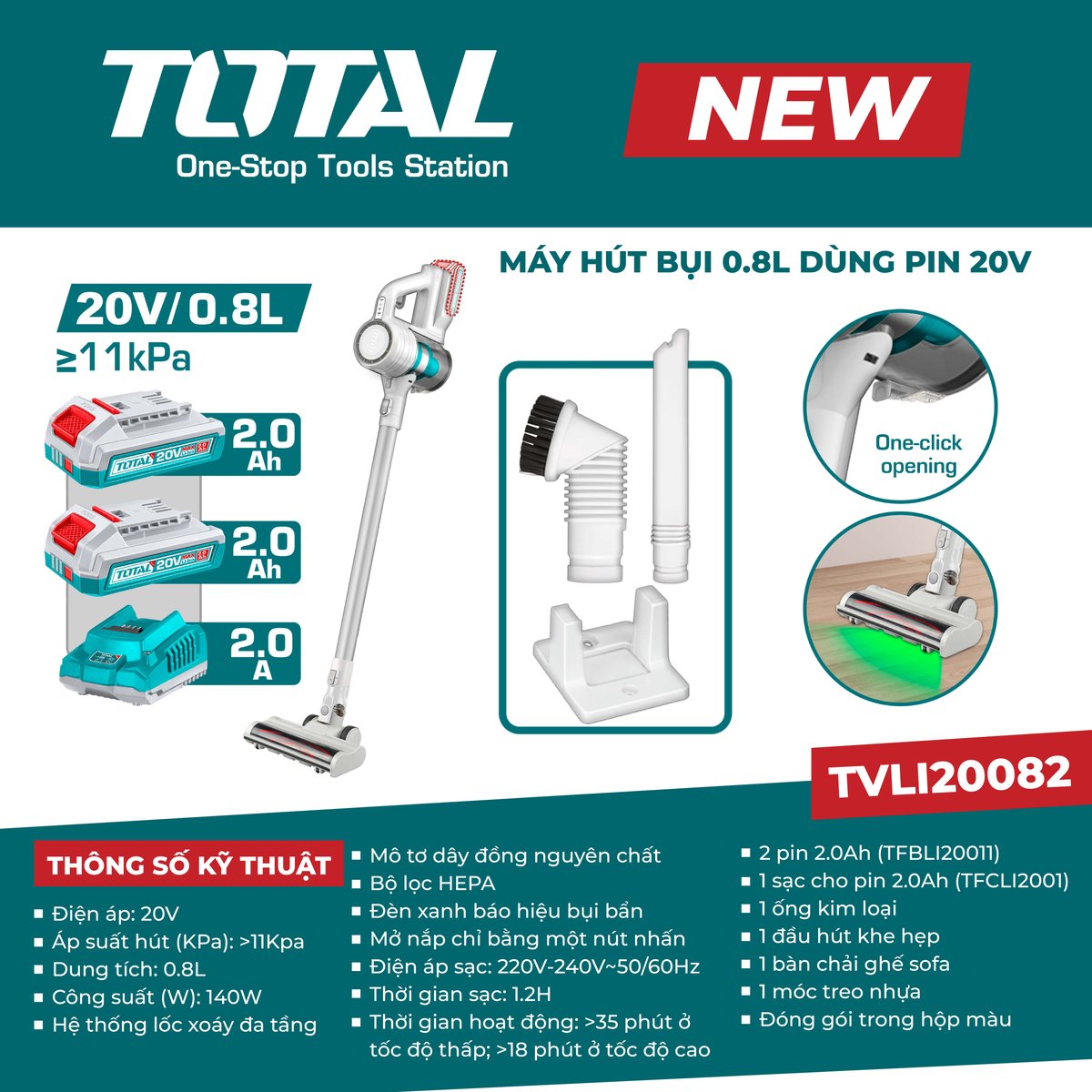 Máy hút bụi 0.8L dùng pin 20V TVLI20082
