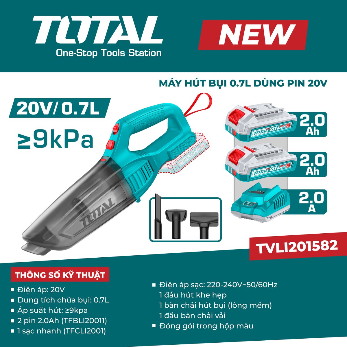 Máy hút bụi 0.7L dùng pin 20V TVLI201582